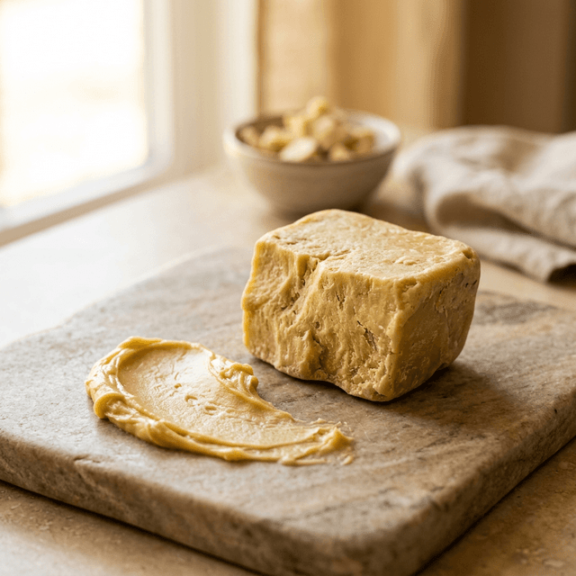 golden unrefined shea butter in a wooden bowl with warm natural lighting