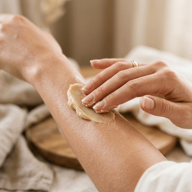 hands applying shea butter to skin with soft warm lighting
