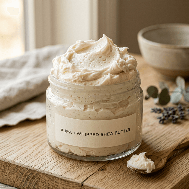 fluffy whipped shea body butter in a glass jar with warm golden lighting